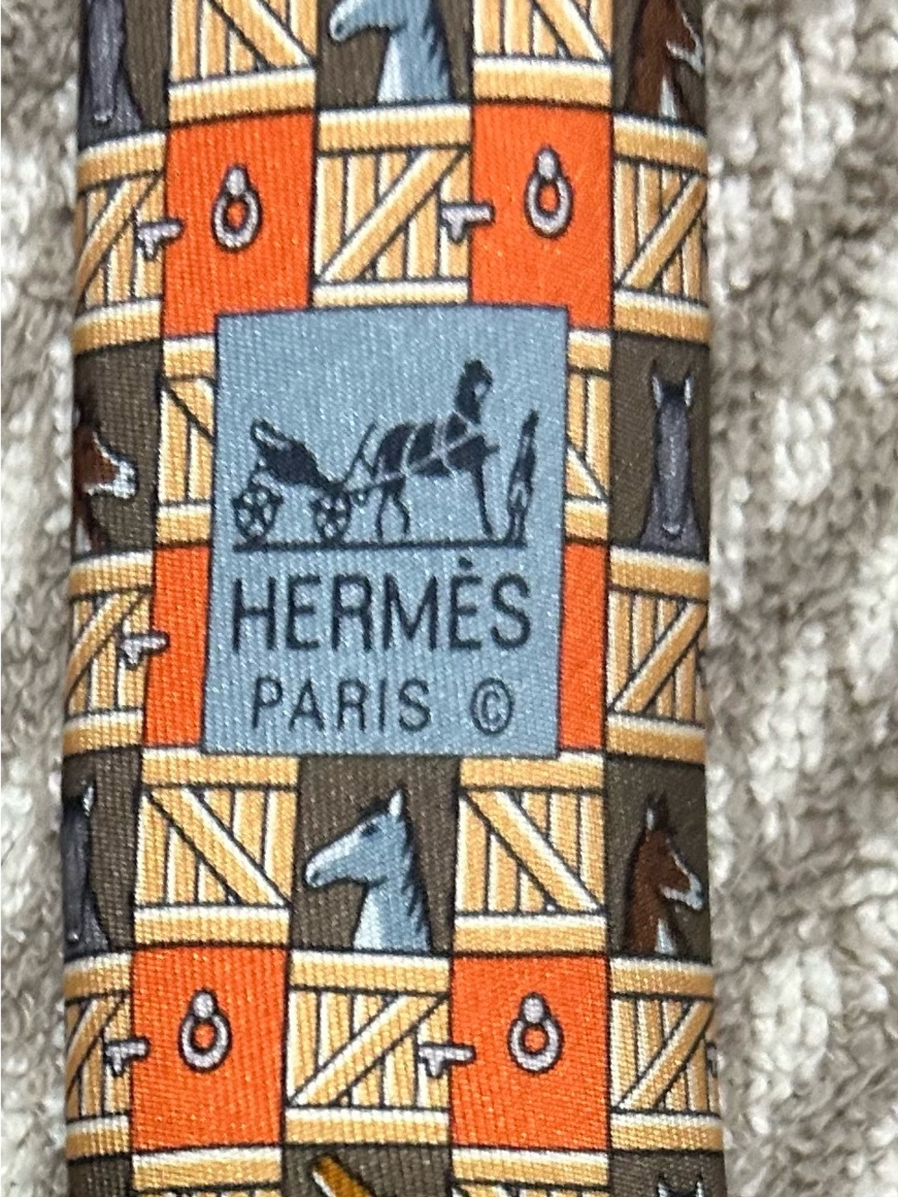 Hermes Orange, Brown and Tan Equestrian Stable Print Silk Tie - Picture 3 of 4